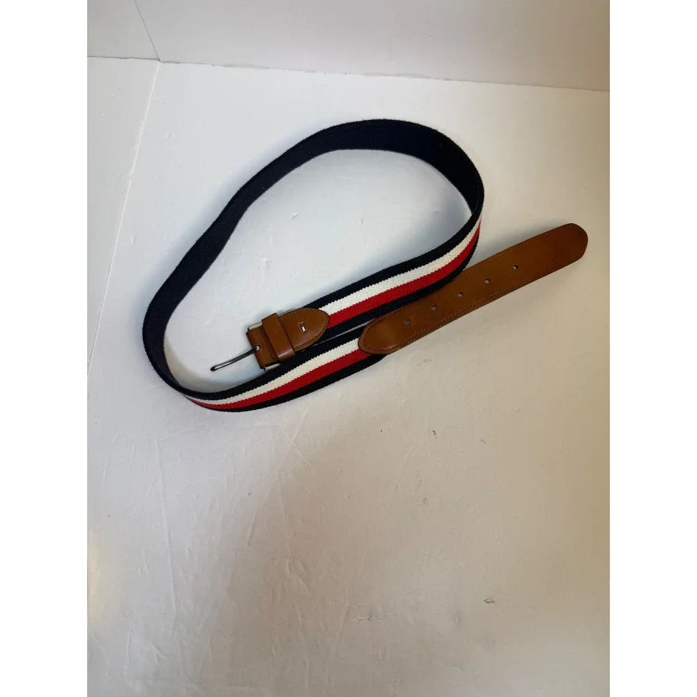 Tommy Hilfiger Mens Striped Fabric Leather Trim Belt Navy White Red Size 40/100